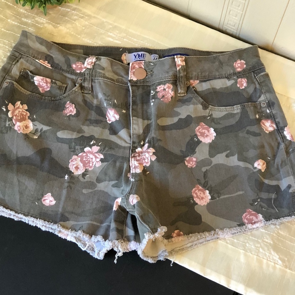 YMI camo and floral fringed denim shorts